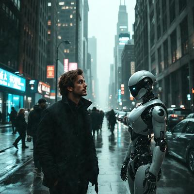 The primary subject of the image is a man standing on a city street, looking at a robot. The setting is a busy city environment with tall buildings in the background. The visual style is a photo, capturing the man and the robot in a real-life setting. The colors and mood of the image are dark and moody, with the man and the robot being the main focus.